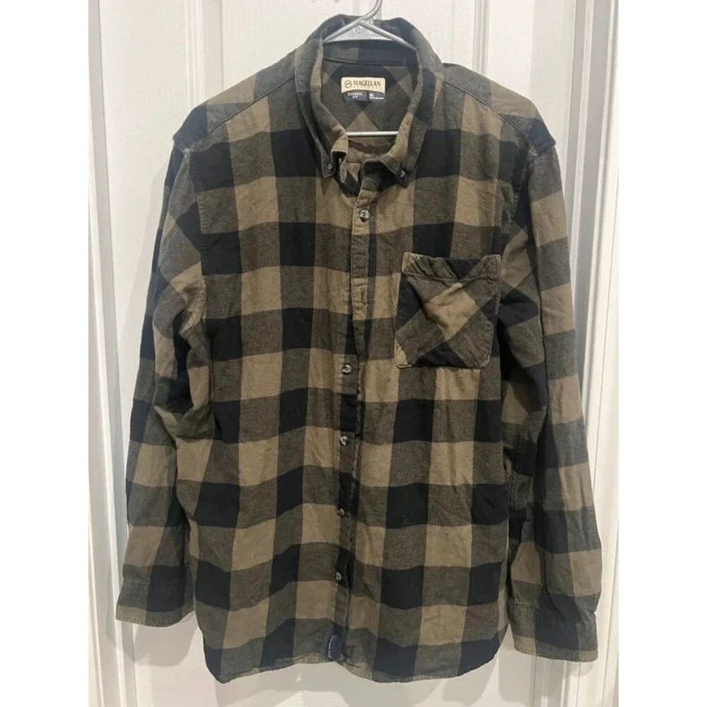 Magellan Men’s XL Olive Green & Black Buffalo Plaid Flannel Button Down Shirt